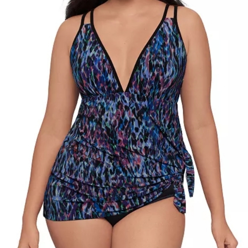 Trimshaper Women's Size 18 Swimsuit Bathing Suit Side Knot Multicolored Black